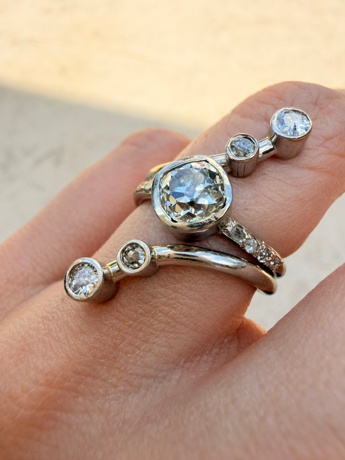 Vintage white 14K celestial ring with 1.4 ctw antique diamonds, size 5.75 sizable