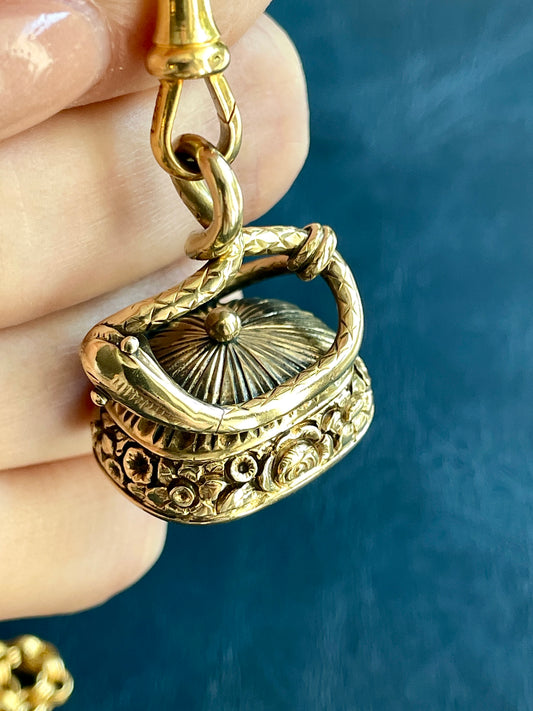 Antique 14K snake and floral fob with faceted foil back quartz