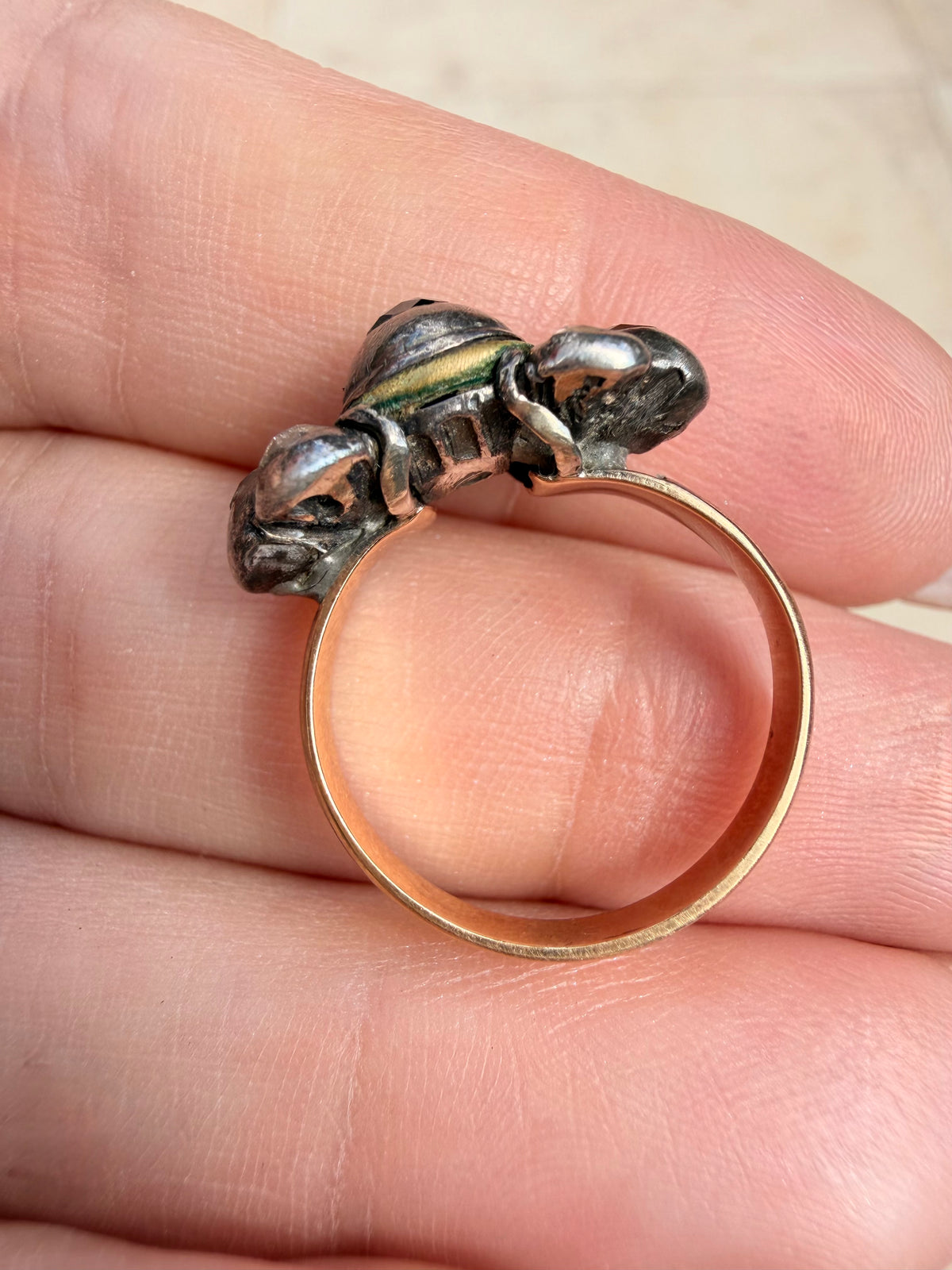 Antique early 1800s 14K and silver table cut and old cut diamond ring, size 5.25