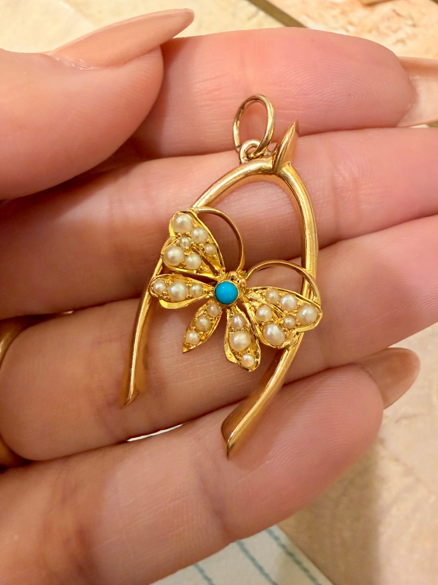 Antique yellow 15K gold wishbone with pearl and turquoise butterfly pendant