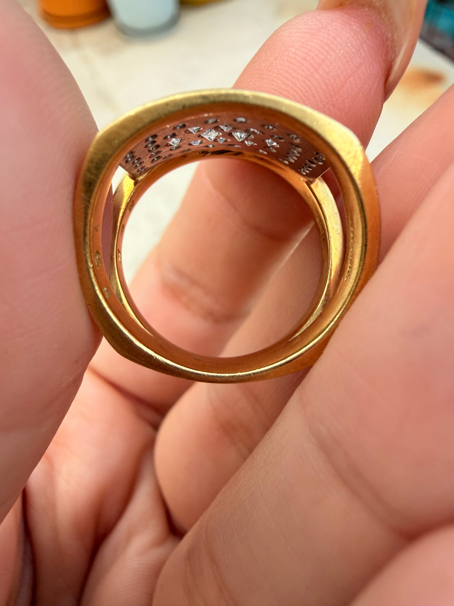 Vintage yellow and white 18K approx .5ctw diamond angled ring, size 7-7.25
