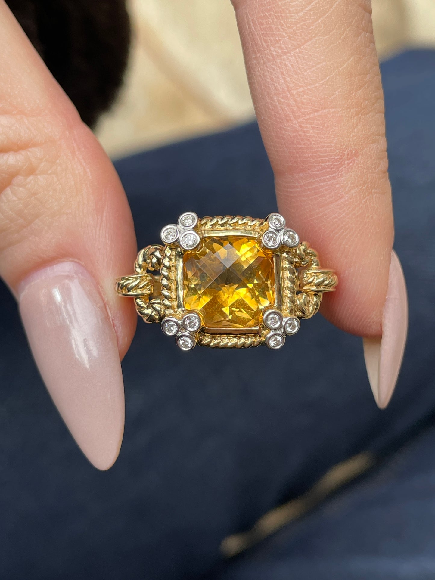 Vintage yellow 14K 1.8 ctw citrine and .12 ctw diamond ring, size 7