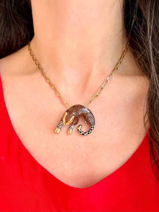 Vintage yellow 14K enamel leopard slider pendant