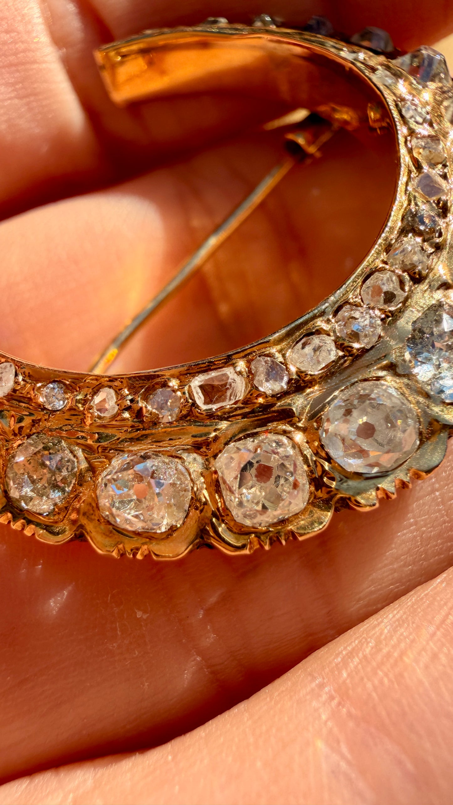 Antique yellow 18K crescent brooch with 2.6ctw of diamonds