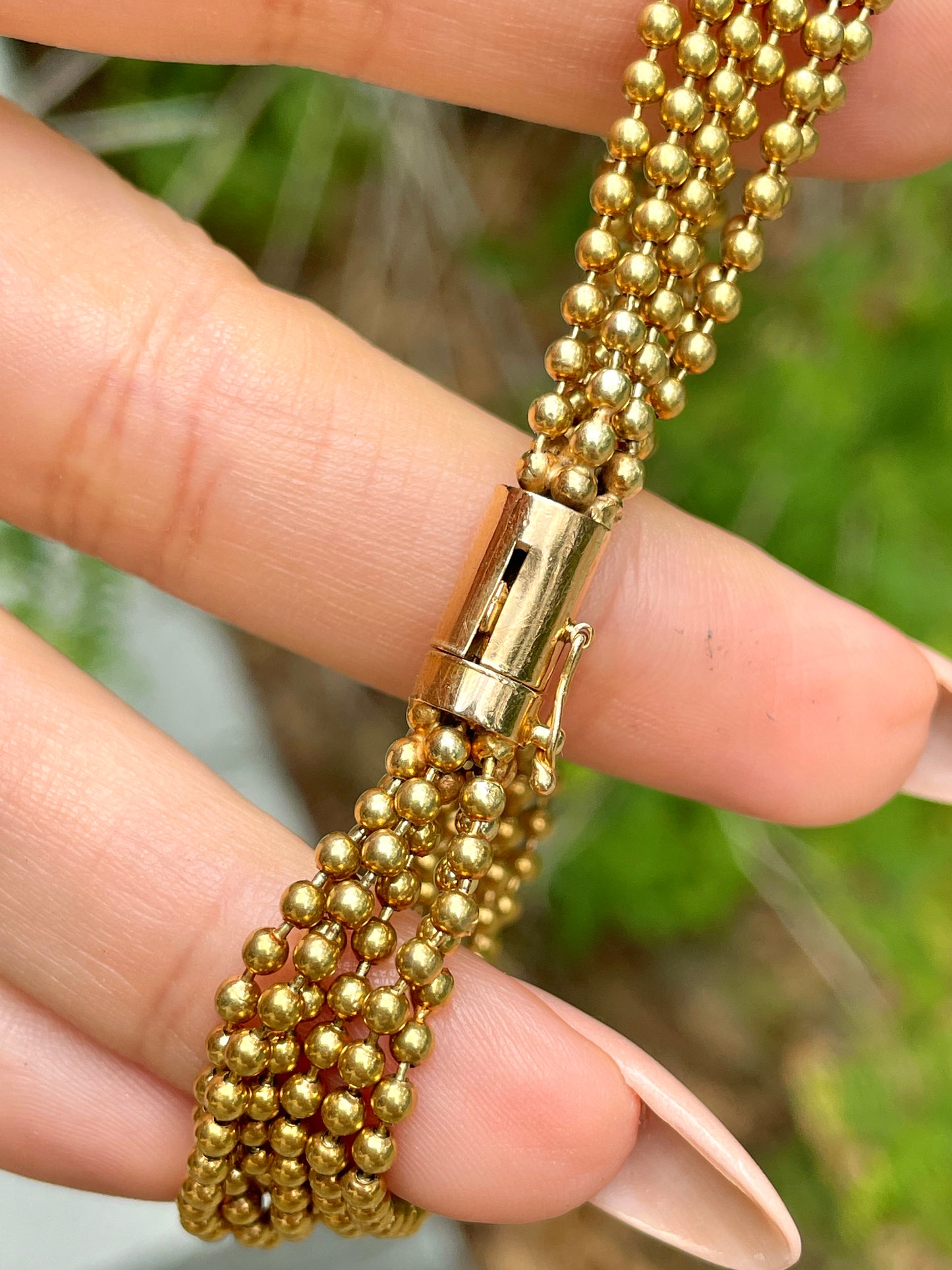 Vintage yellow 18K multi strand ball chain bracelet, 7 and 1/8 inch