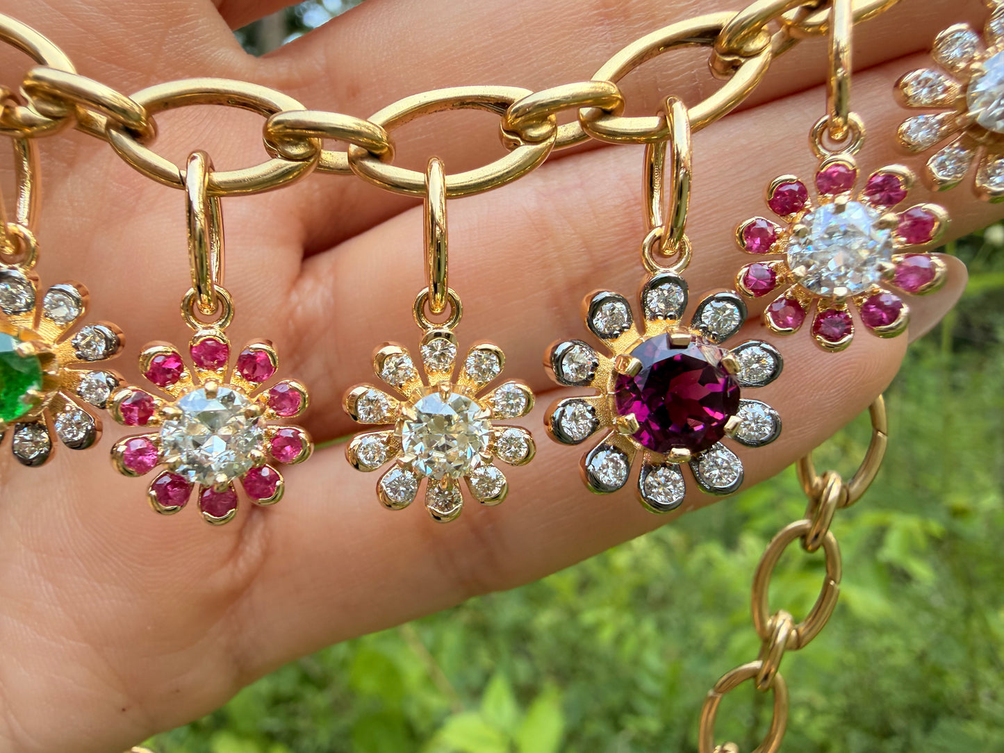 3GOG Natural Plum Pink Rubellite Tourmaline and Diamond Garden Party Flower Pendant with black rhodium 18K