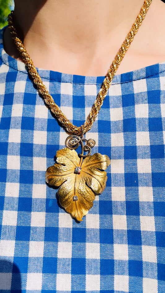 Vintage yellow 14K leaf statement pendant with .48 ctw old mine cut diamonds