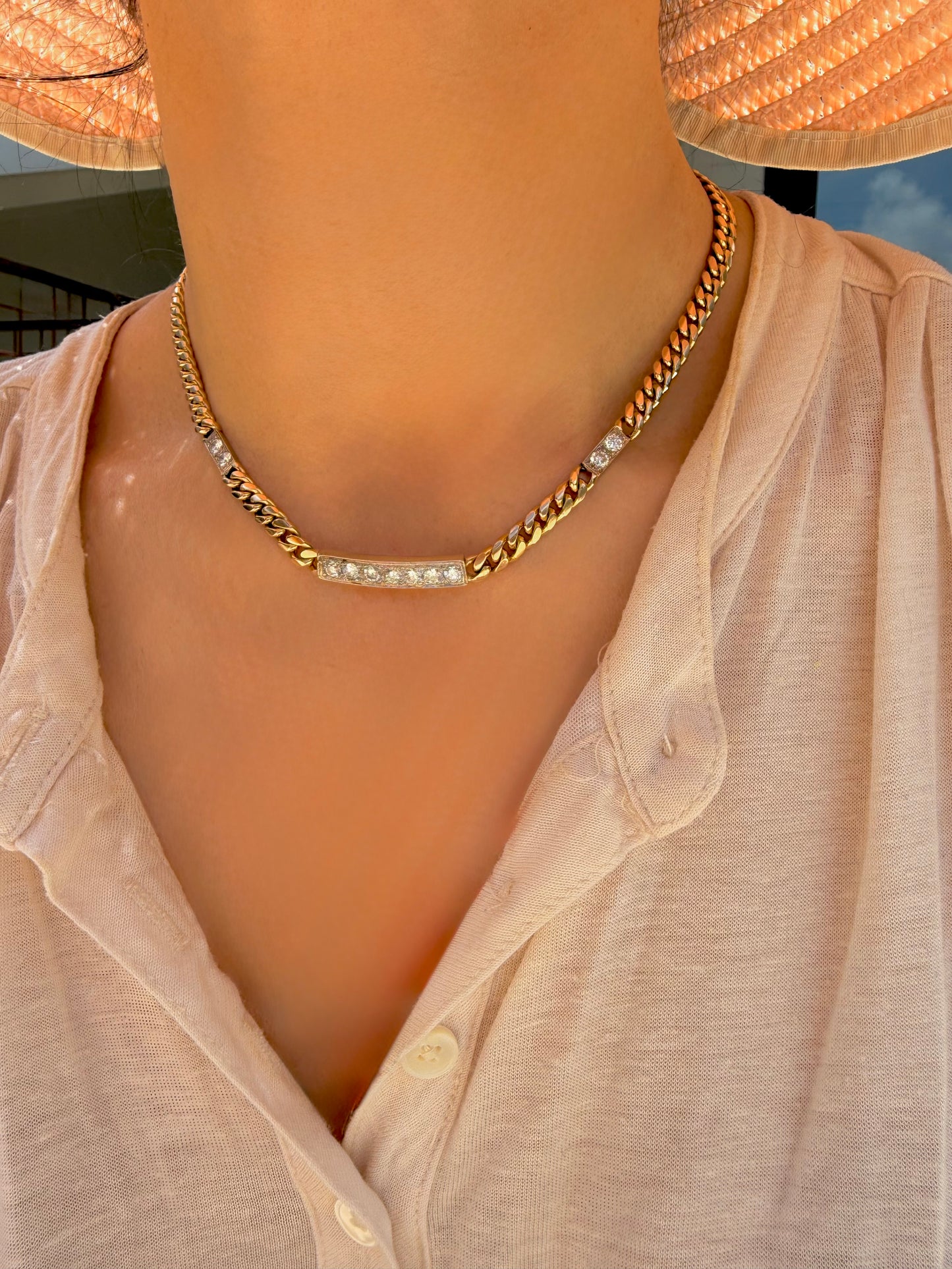 Vintage 14K triple bar 2ctw diamond curb chain, 16 inch