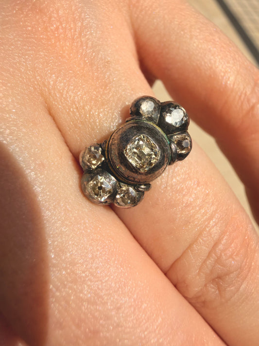 Antique early 1800s 14K and silver table cut and old cut diamond ring, size 5.25