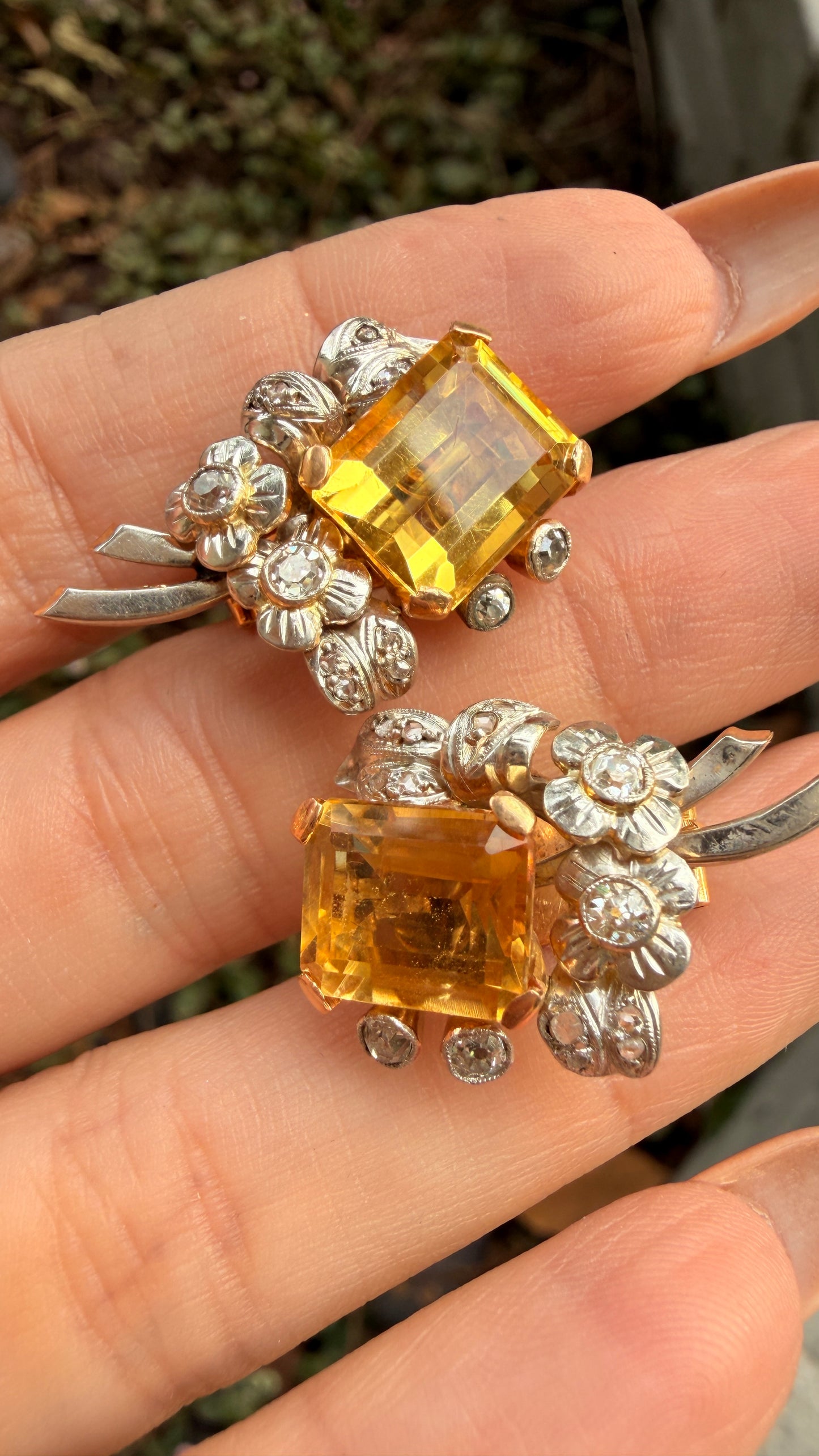 Antique Platinum and yellow 18K approx 10 ctw citrine and 1.2 ctw old mine cut diamond and rose cut diamond omega back earrings