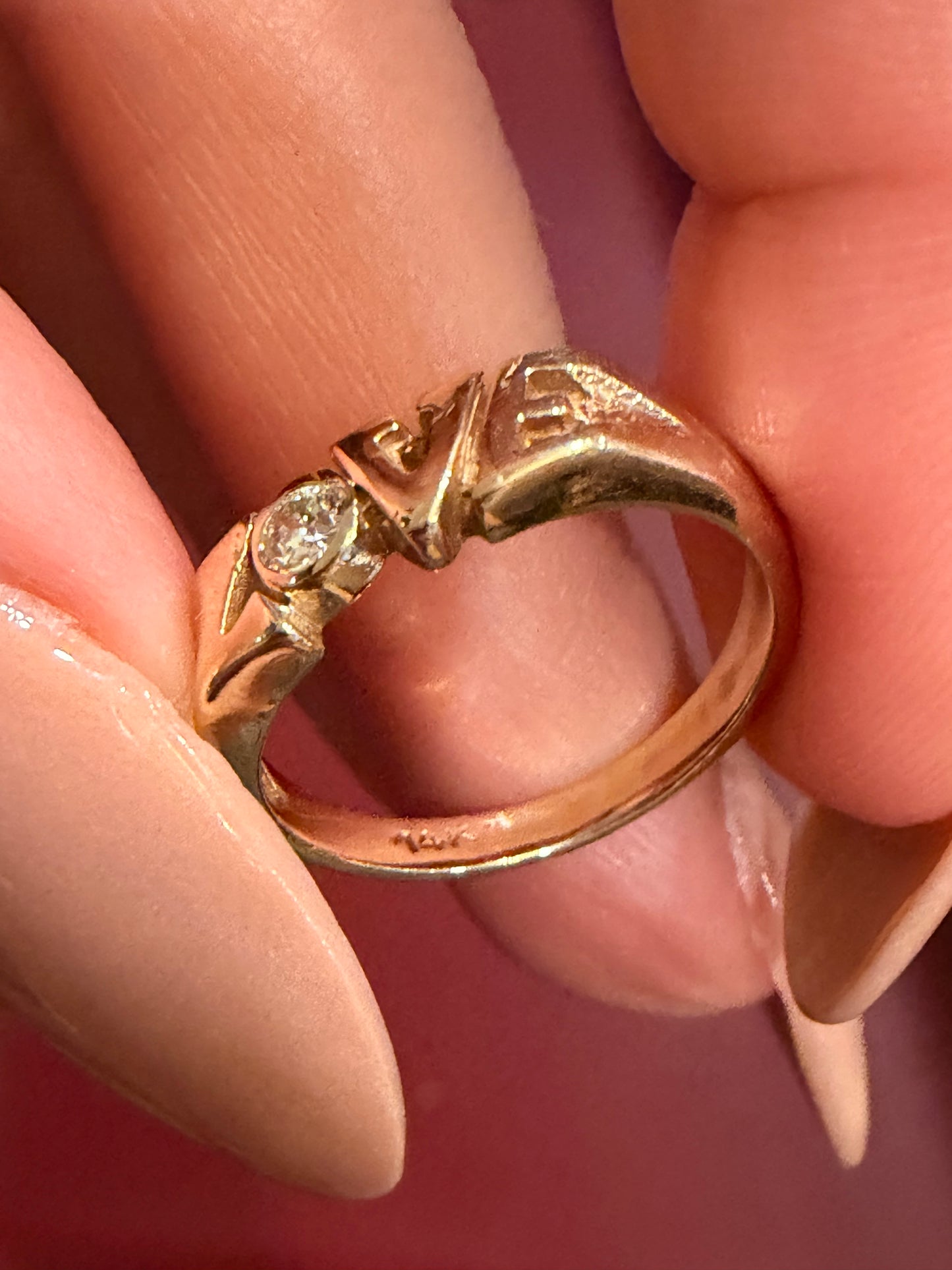 Vintage yellow 14K LOVE ring with diamond, size 5.5