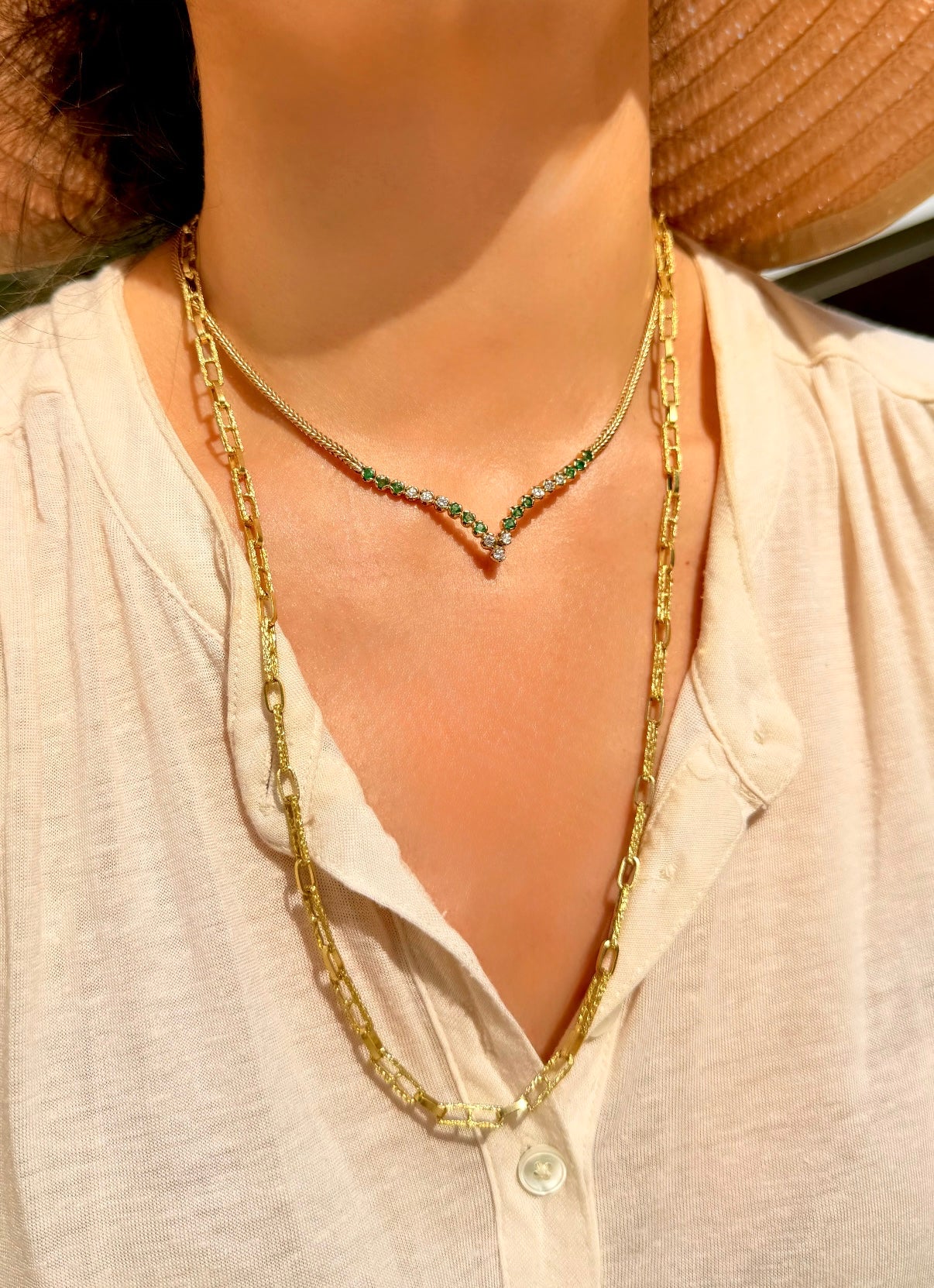 Vintage yellow 14K emerald and diamond chevron woven chain, 16 inch