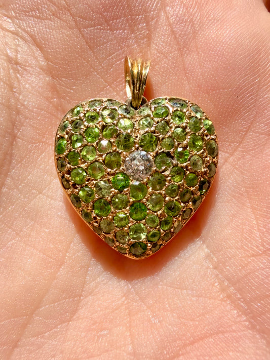 Antique 18K demantoid garnet and old mine cut diamond glass back heart locket
