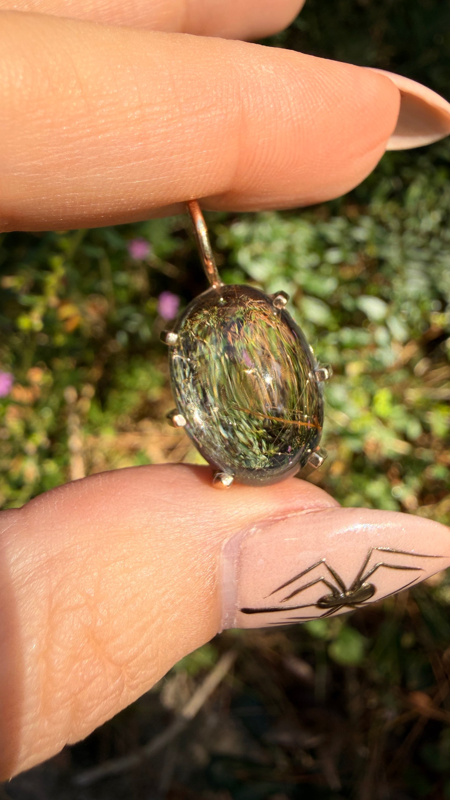 Vintage yellow 14K rutilated quartz cabochon pendant