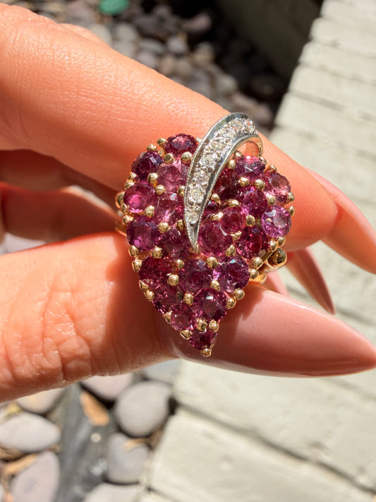 Vintage 18K anthurium flower ring with 3ctw rhodolite garnets and .05ctw diamond, size 7.25