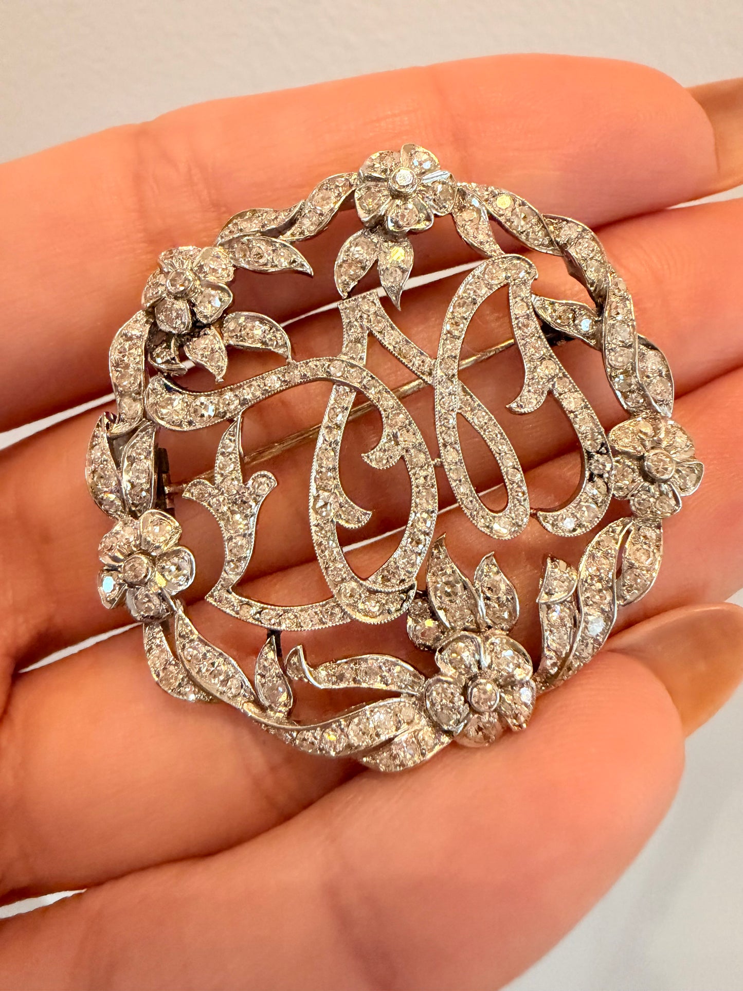 Vintage 1920s-30s Platinum Art Deco “DM” approx 2.26ctw diamond wreath brooch