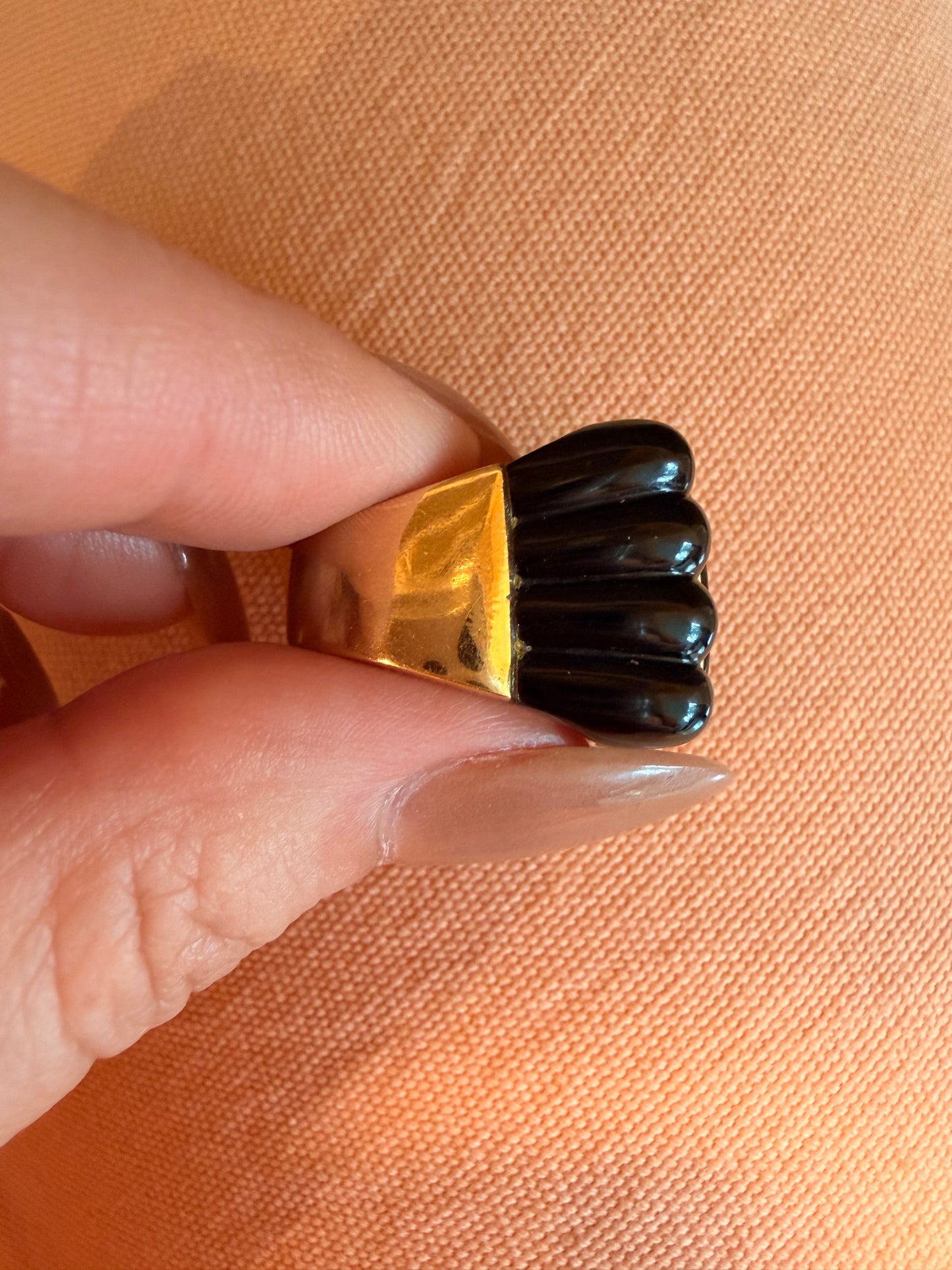 Vintage yellow 18K gold circa 1970s onyx and .23 ctw diamond statement ring, size 6.5