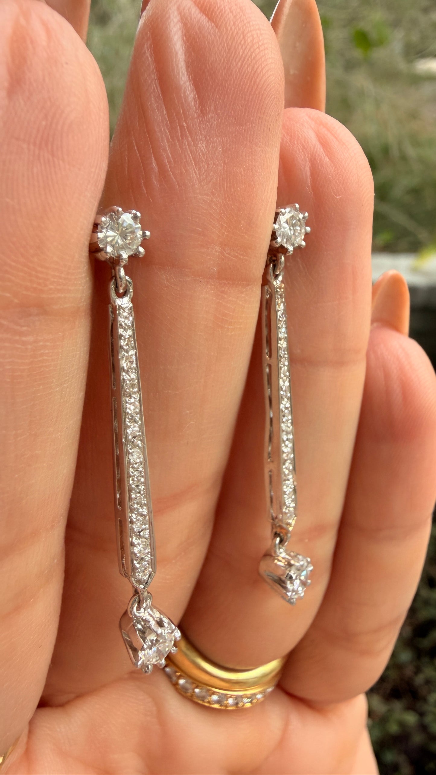 Vintage white 14K approx .92ctw diamond bar post earrings