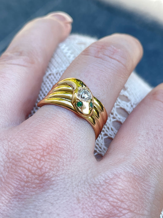 Vintage yellow 18K snake ring with approx .45 ctw diamond and emerald eyes, size 7.5