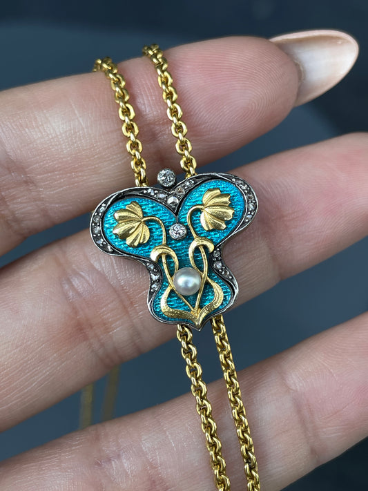 Antique 22K Art Nouveau longguard chain with 14K blue enamel butterfly slider with old mine cut diamonds, rose cut diamonds and pearl, with dog clip and bolt, 72 inch