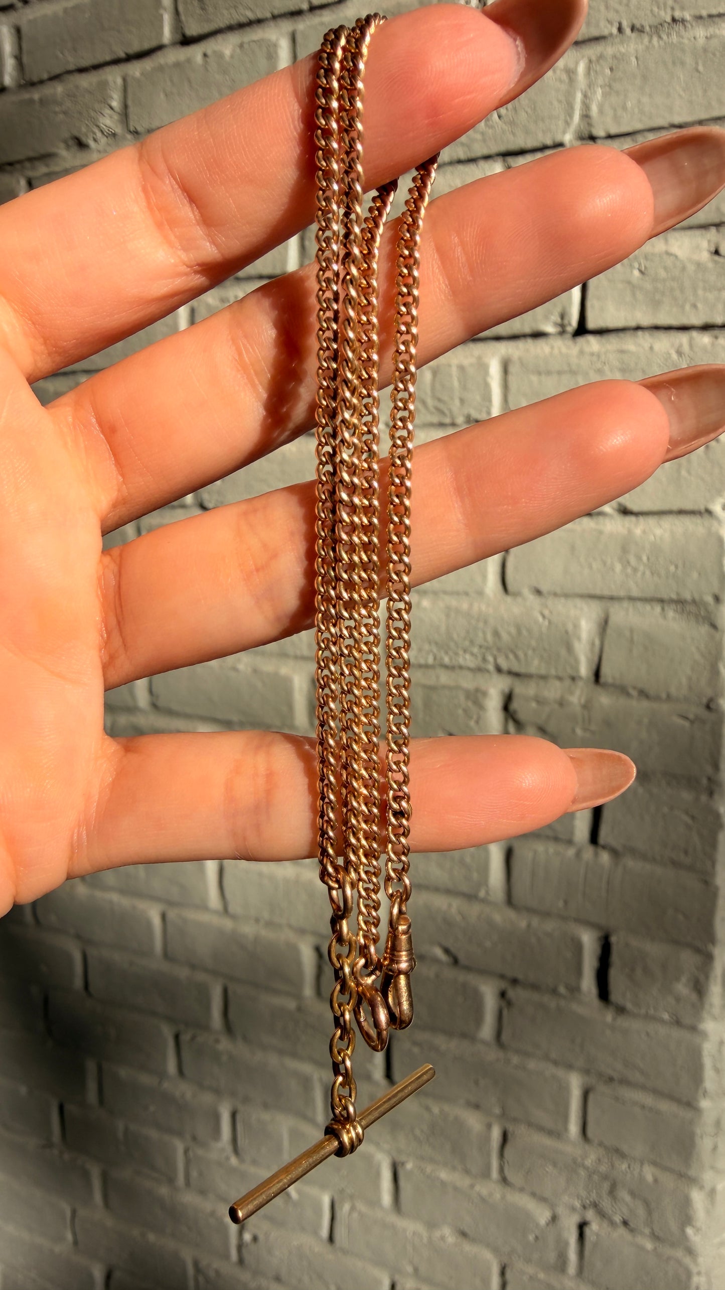 Antique yellow 14K round curb watch chain, 17.75 inch with movable T bar dangle