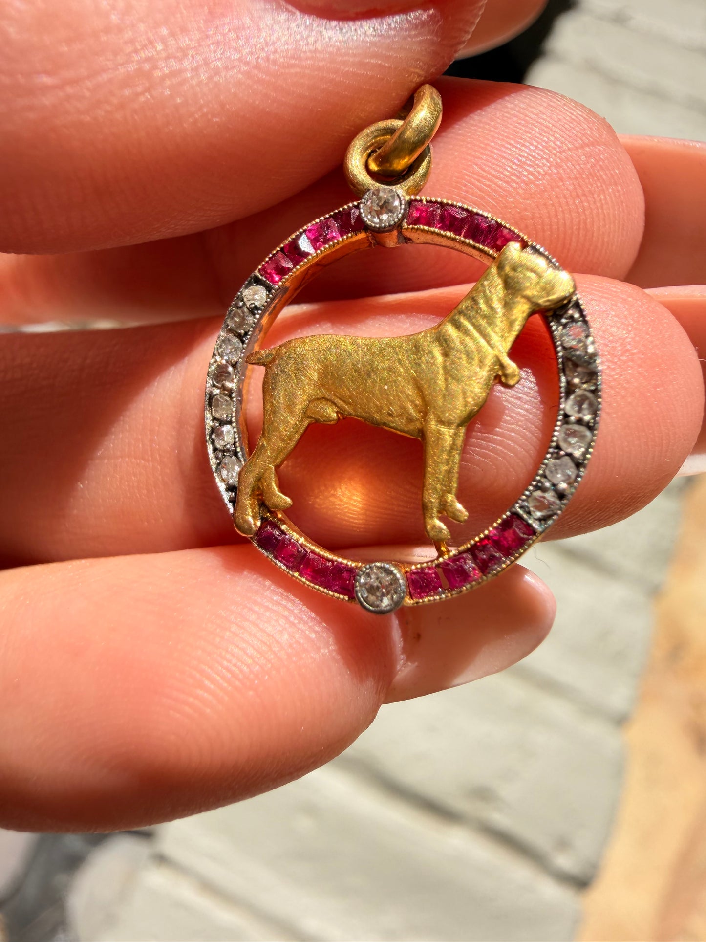 Antique 18K ruby and diamond dog charm