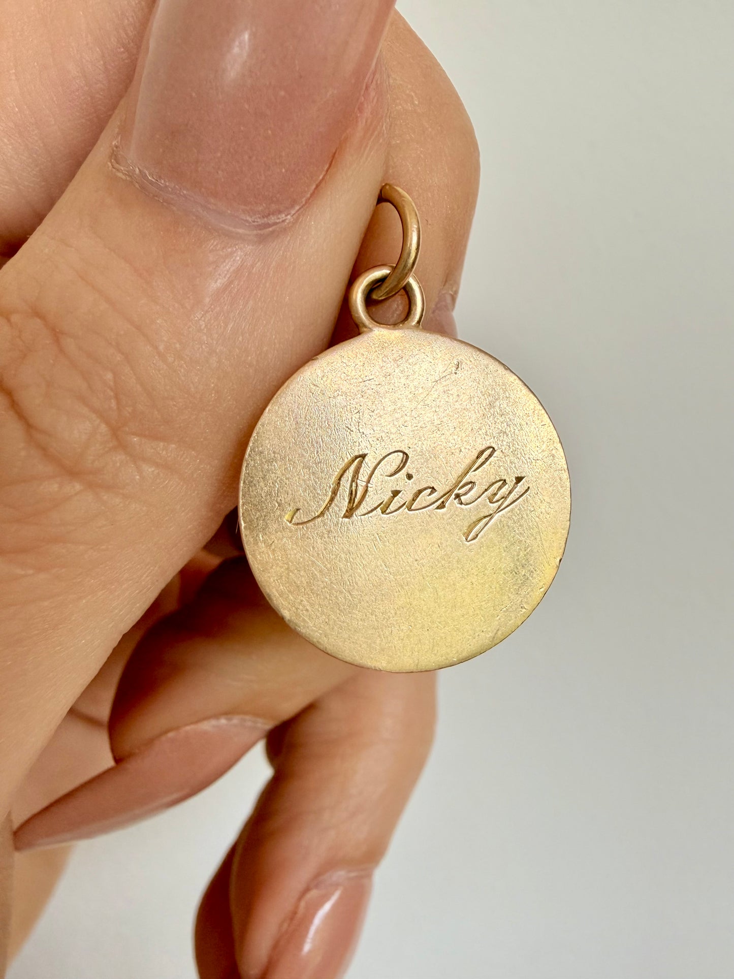 Vintage yellow 14K gold hand engraved name pendants