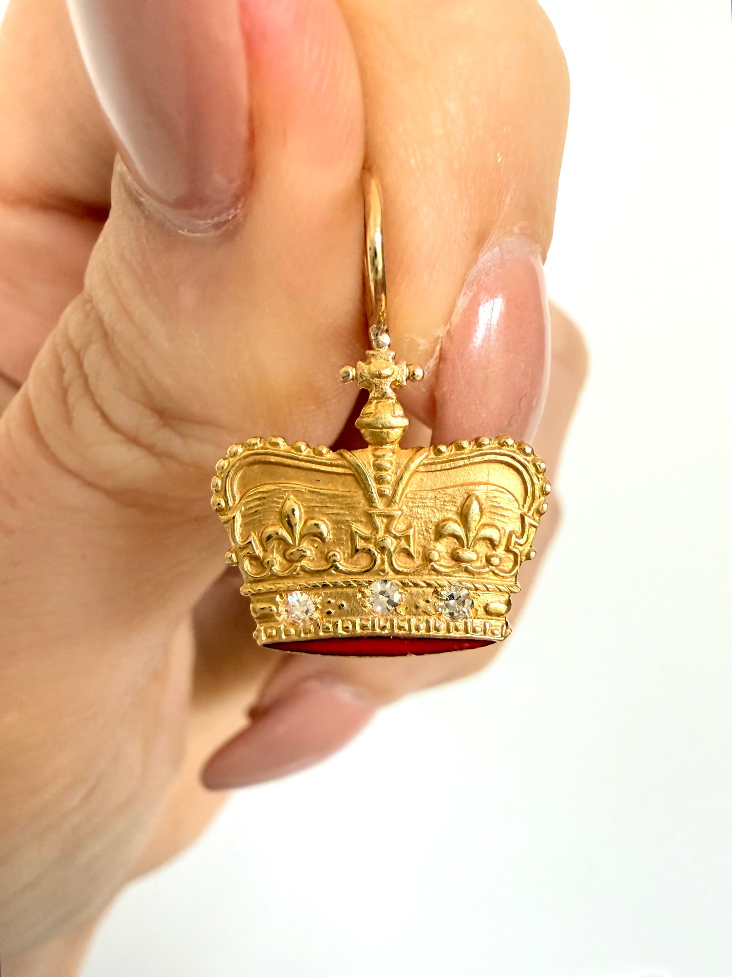 Vintage Yellow 14k and enamel crown pendant with single cut diamonds