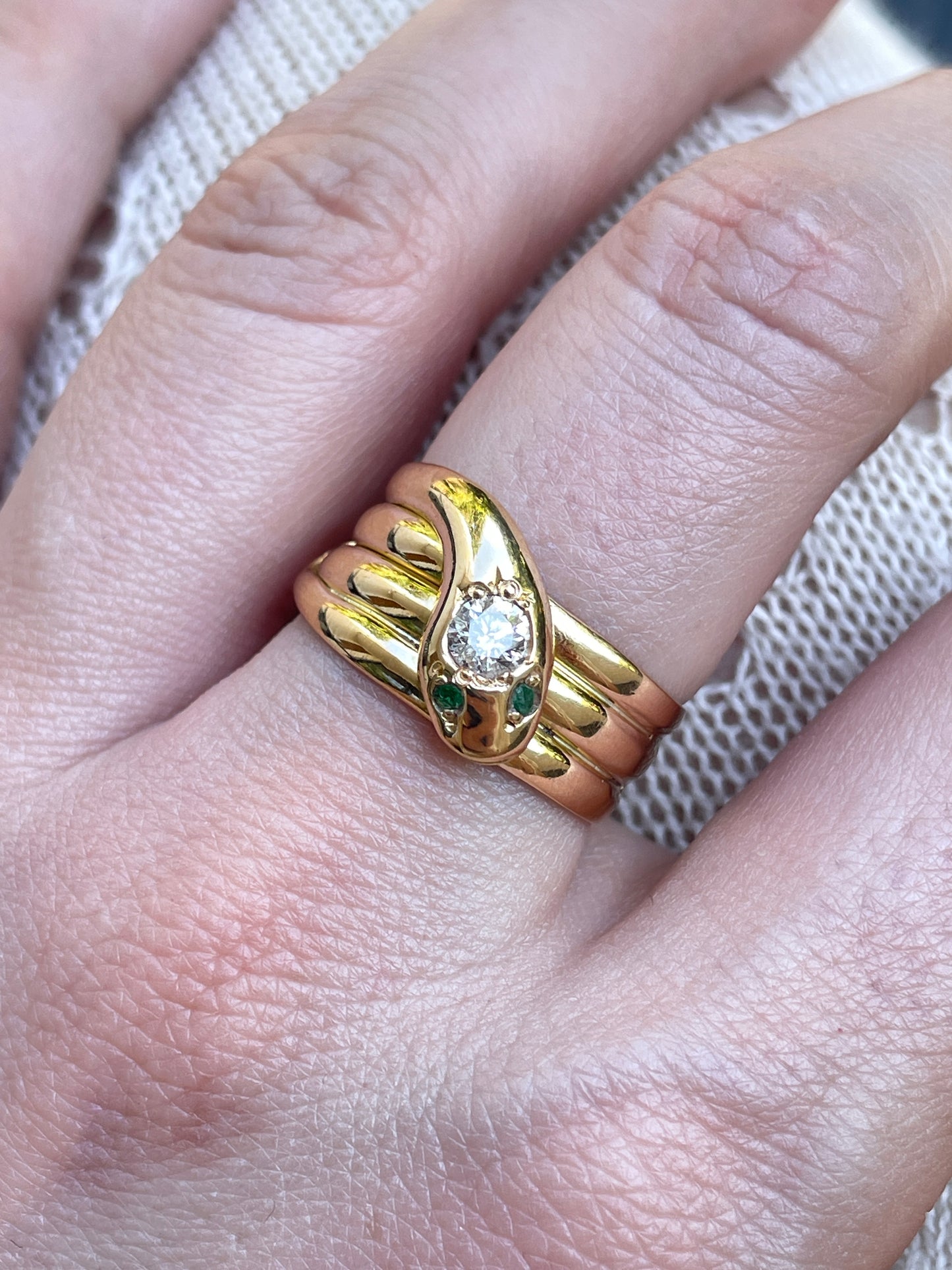 Vintage yellow 18K snake ring with approx .45 ctw diamond and emerald eyes, size 7.5