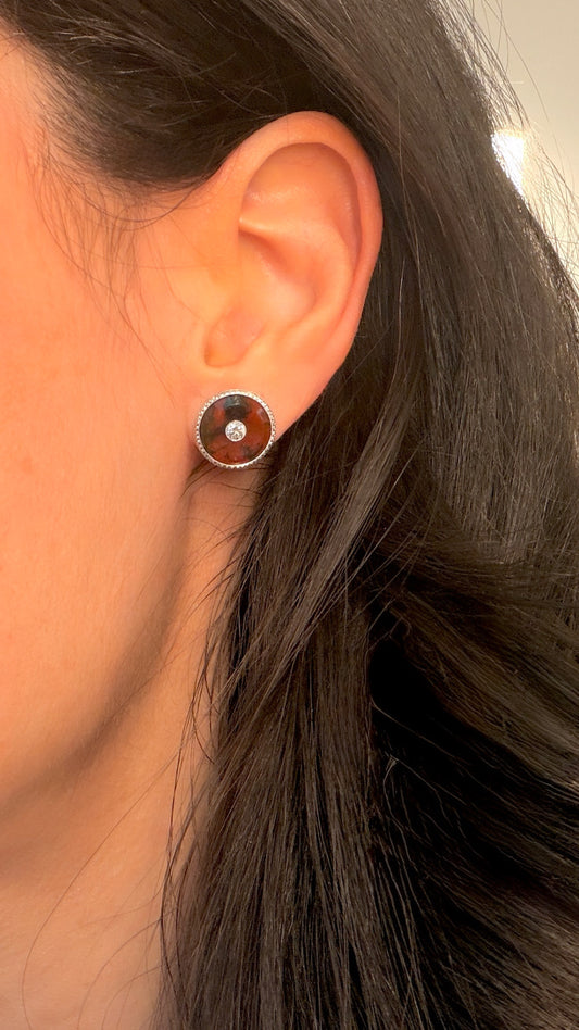 Antique Platinum and yellow 18K agate and .22ctw old European cut diamond post earrings