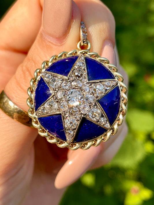 Antique yellow 14K approx over 4 ctw old mine cut and rose cut diamond blue enamel star statement pendant