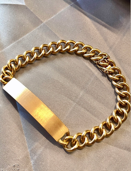 Vintage rosy yellow 18K solid round curb link ID bracelet, 8.25 inch