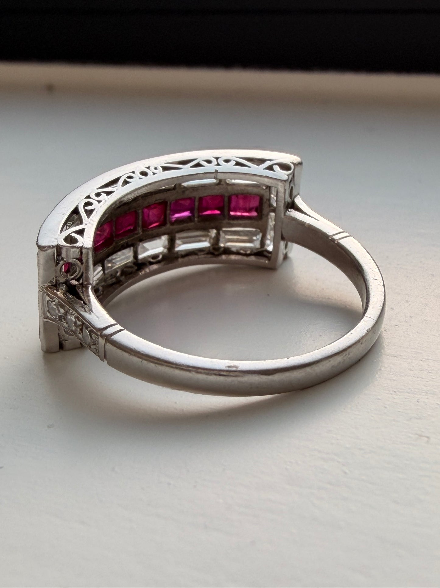 Vintage platinum approx 1.7 ctw baguette diamond and 1.1 ctw ruby ring, size 6.5