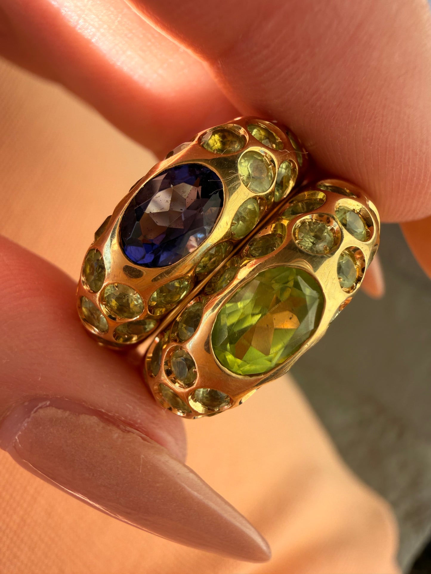 Vintage yellow 18K gold peridot and iolite domed rings with over 4.6ctw, size 6-6.25