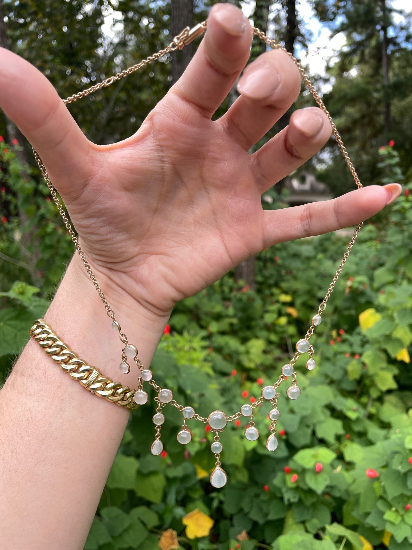 Antique Yellow 14K moonstone fringe bezel set necklace, 17.5 inch