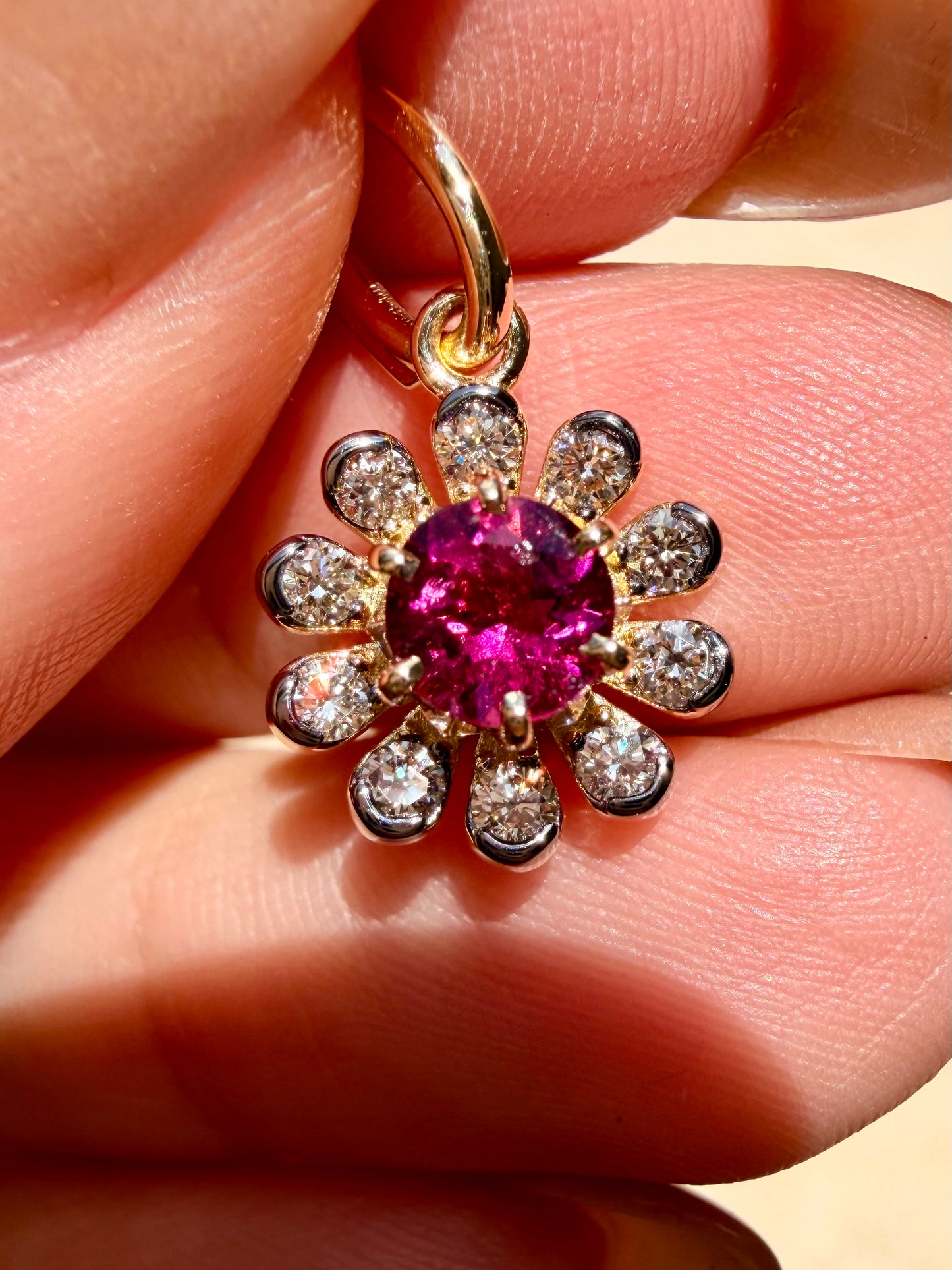 3GOG Natural Rubellite Tourmaline and Diamond Garden Party Flower Pendant 18K