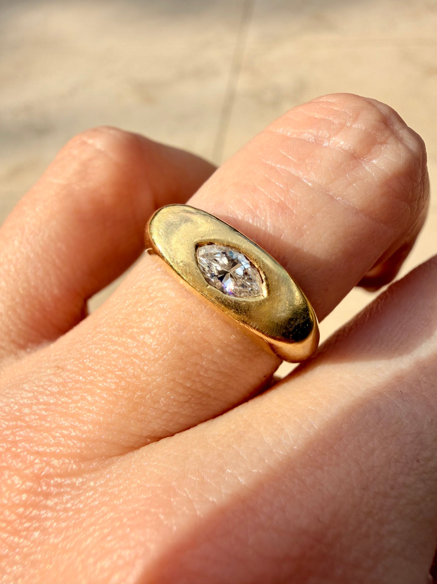 Vintage yellow 18K gold and .2 ctw marquise diamond flush set ring, size 6.75