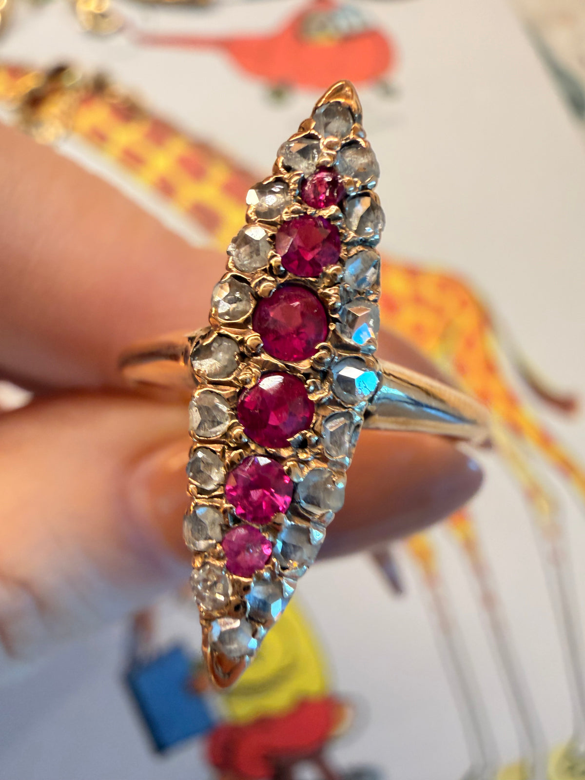 Antique 14K ruby and rose cut diamond navette ring, size 7.75 sizable