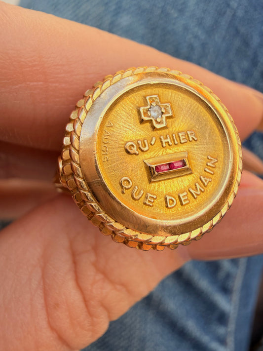 Vintage 18K diamond and ruby Augis French "QU' HIER QUE DEMAIN" ring, size 7.5 sizable