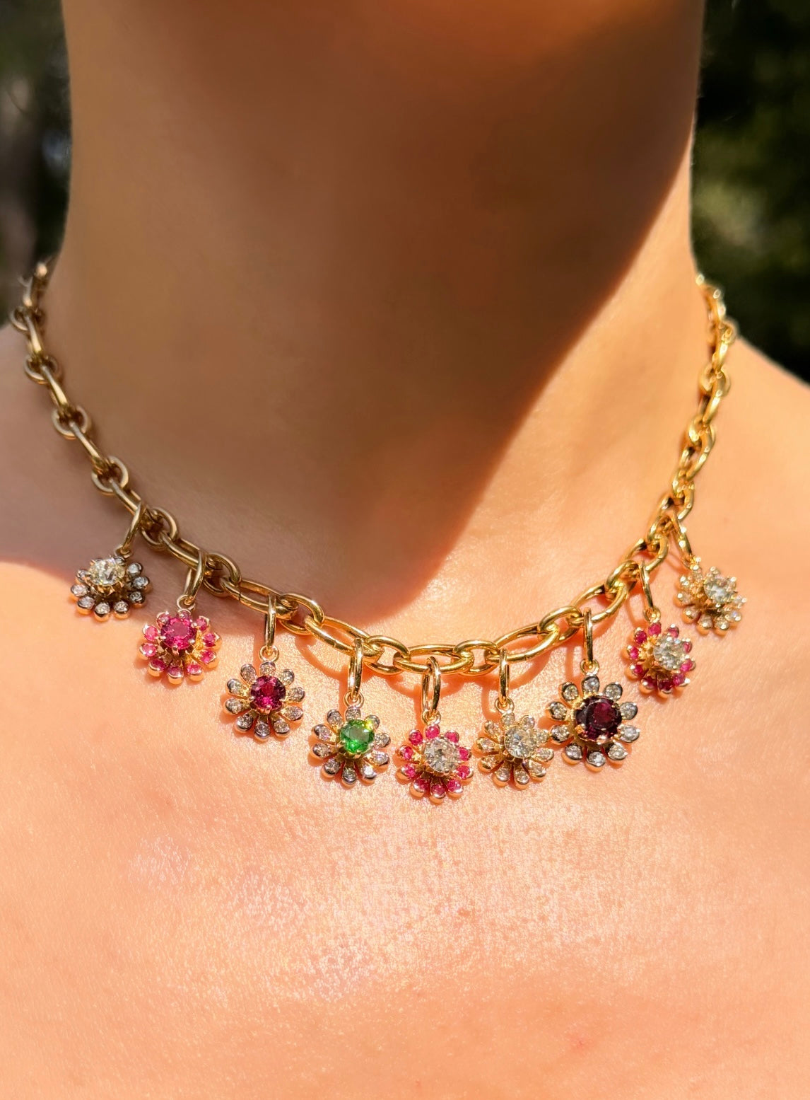 3GOG Natural Plum Pink Rubellite Tourmaline and Diamond Garden Party Flower Pendant with black rhodium 18K