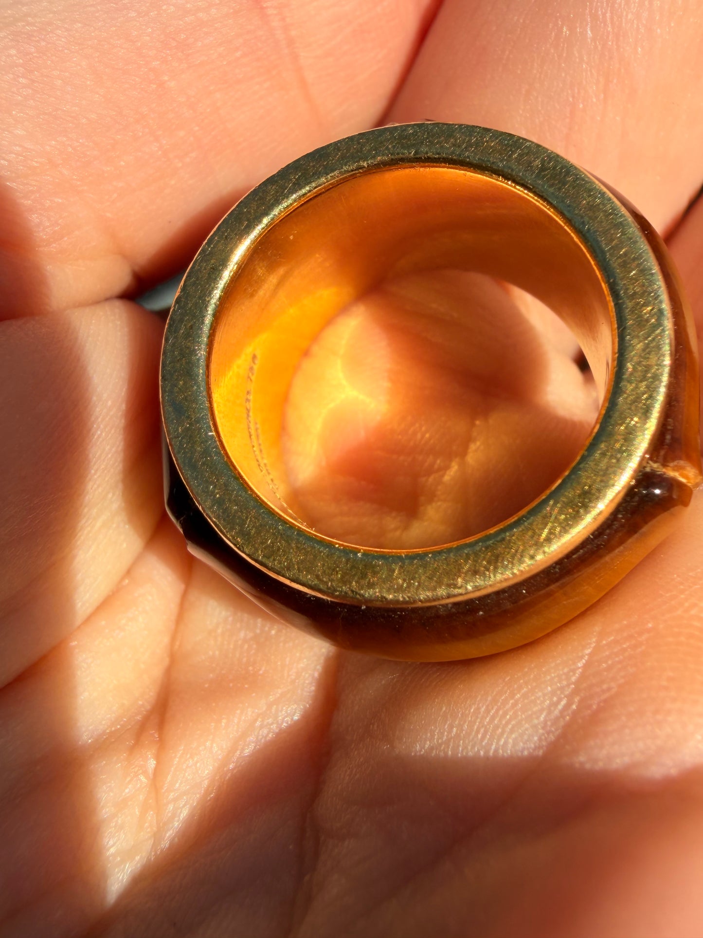 Vintage yellow 18K Tiffany & Co tigers eye inlay bamboo wide ring, size 5.75