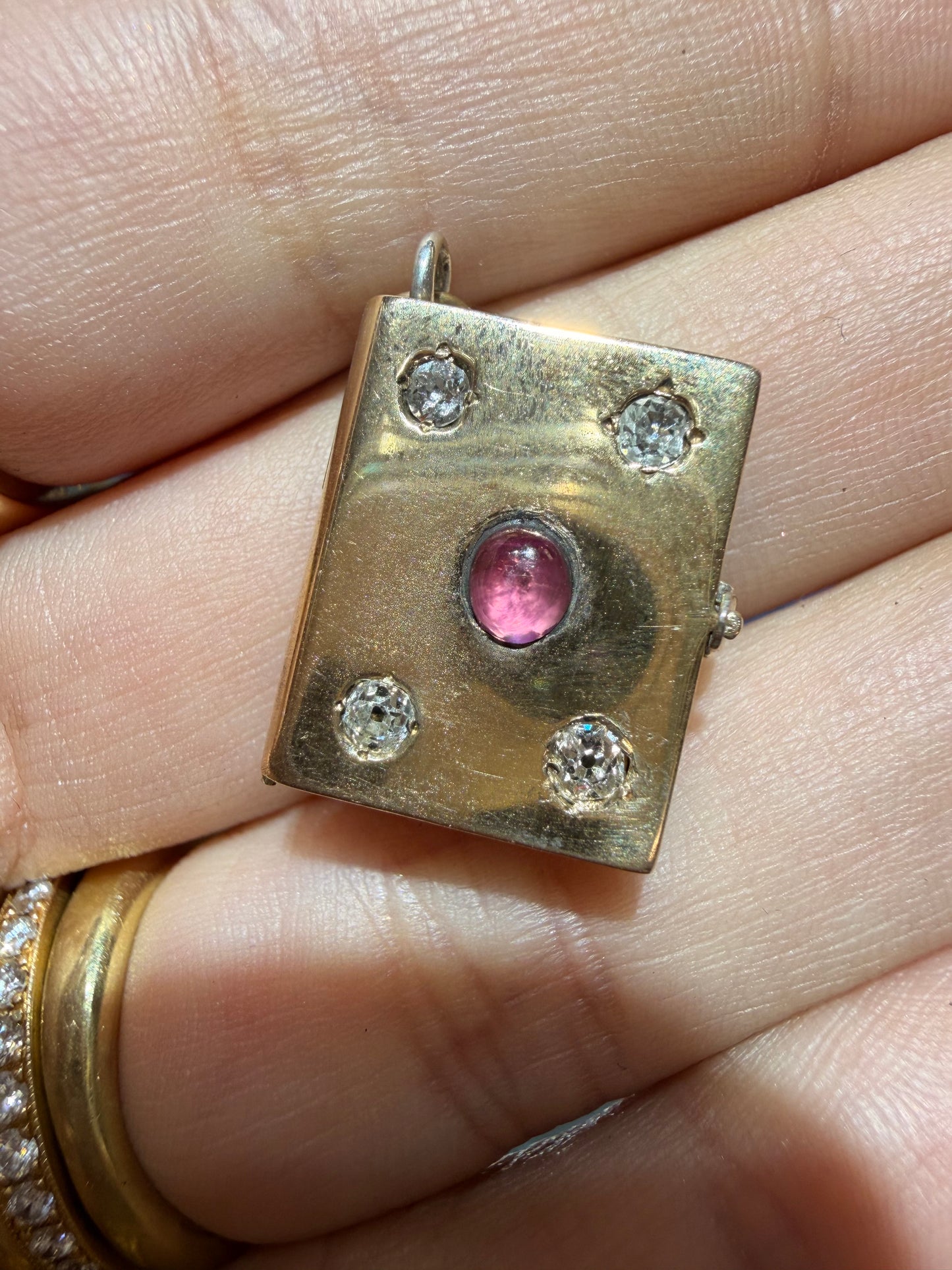 Antique 14K old mine cut diamond and tourmaline book locket pendant with interior magnifying lens and picture frame