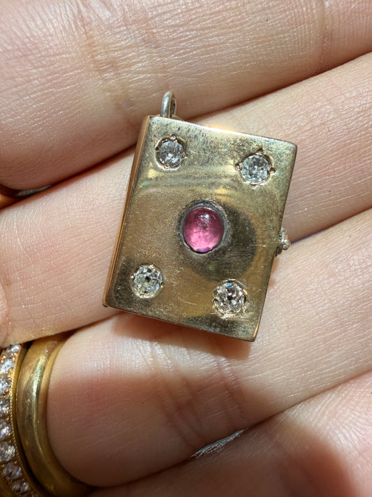 Antique 14K old mine cut diamond and tourmaline book locket pendant with interior magnifying lens and picture frame