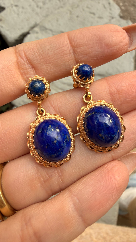 Vintage yellow 14K gold midcentury lapis dangle post back earrings with rope detail