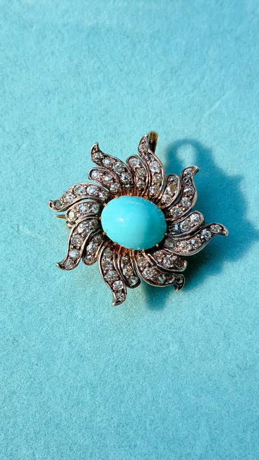 Antique turquoise cabochon and over 1 ctw old cut diamond floral starburst pendant/pin
