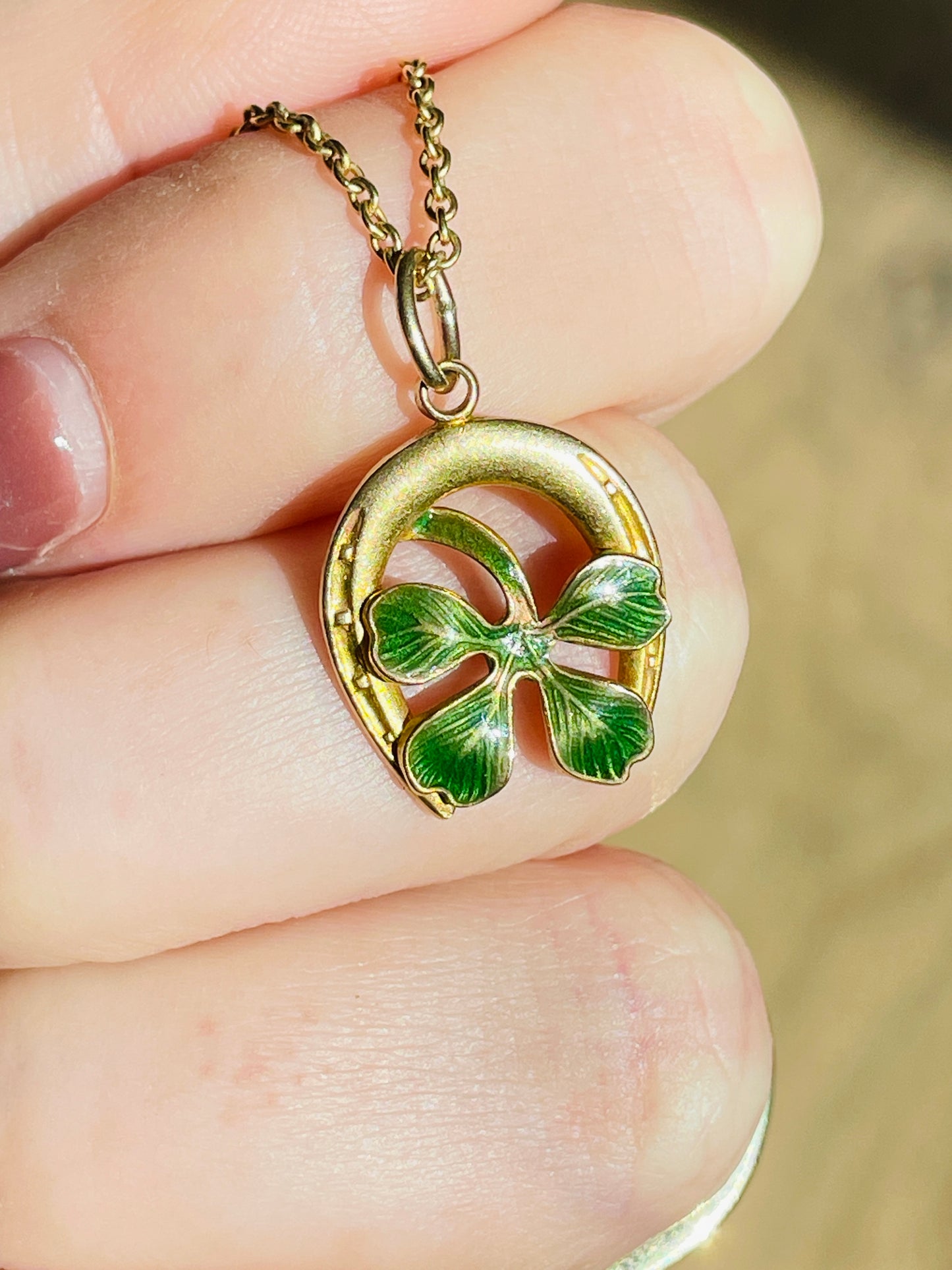 Vintage yellow 14K green enamel clover and horseshoe charm