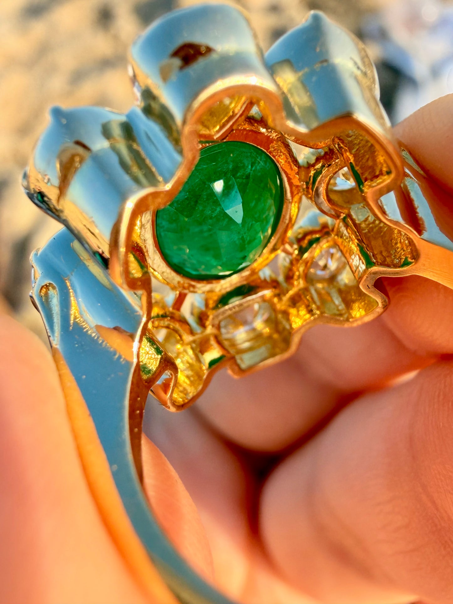 Yellow 18K approx 3.5ctw antique old mine cut diamond halo ring with 3.75ctw natural emerald, size 6.5