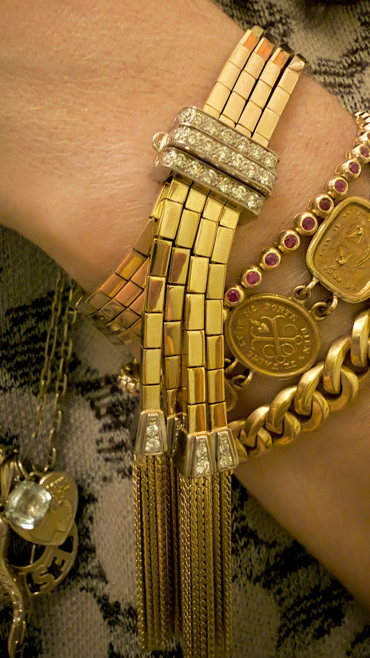 Vintage yellow and white 18K approx 1.4 ctw diamond buckle bar link tassel bracelet, fits 6.25 inch wrist or smaller