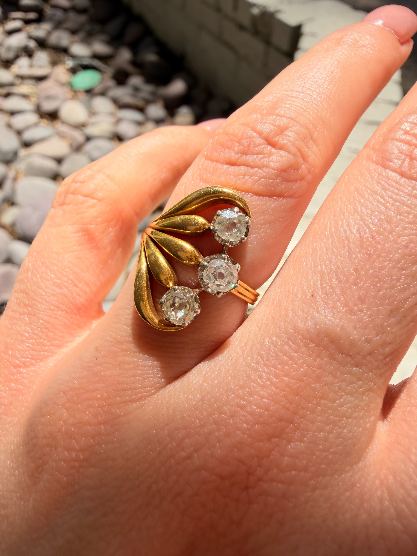 Vintage French yellow 18K approx .8ctw old mine cut diamond floral ring, size 6