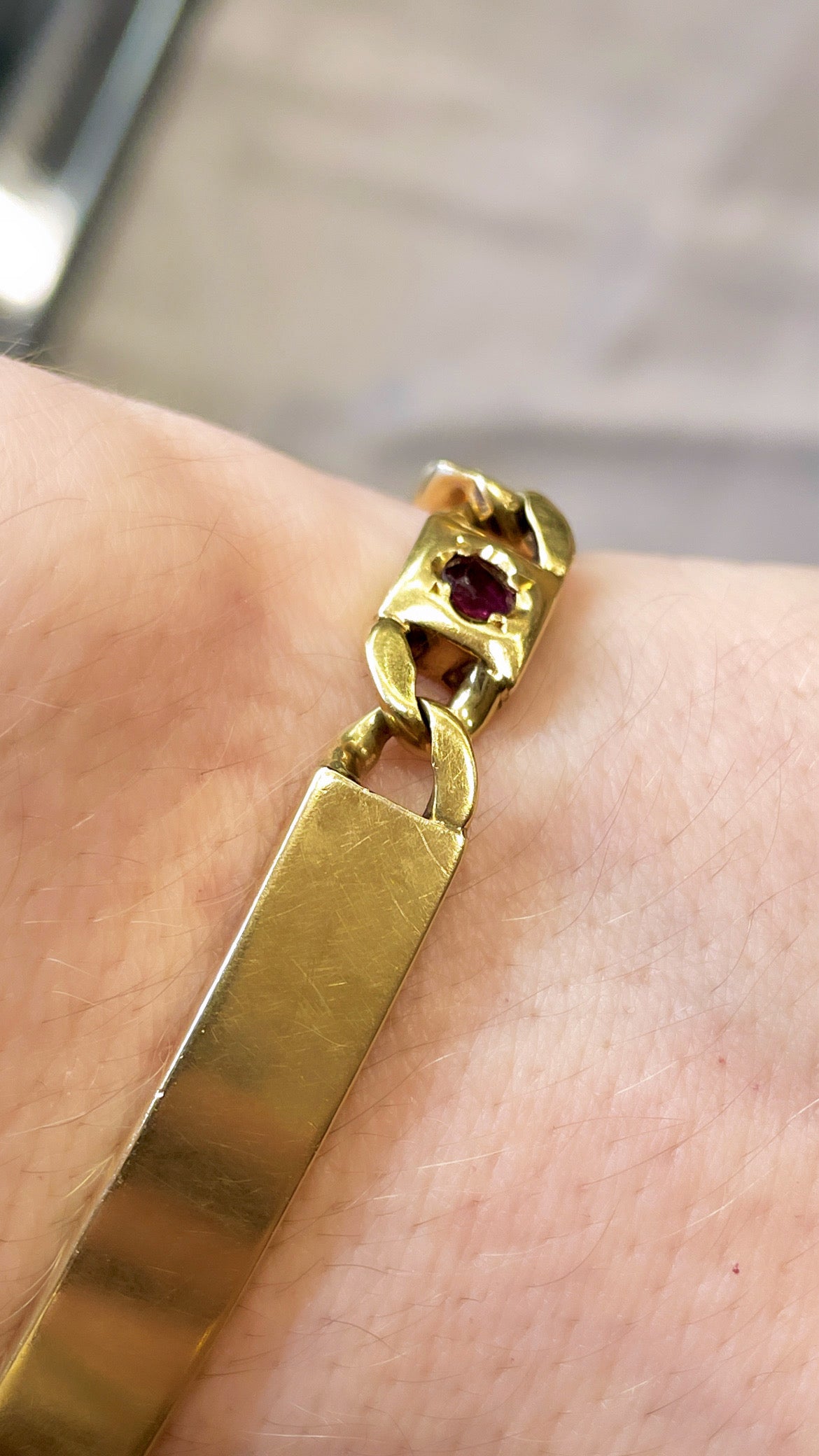 Vintage yellow 18K solid curb link ID bracelet with natural rubies, 8 and 1/8 inch